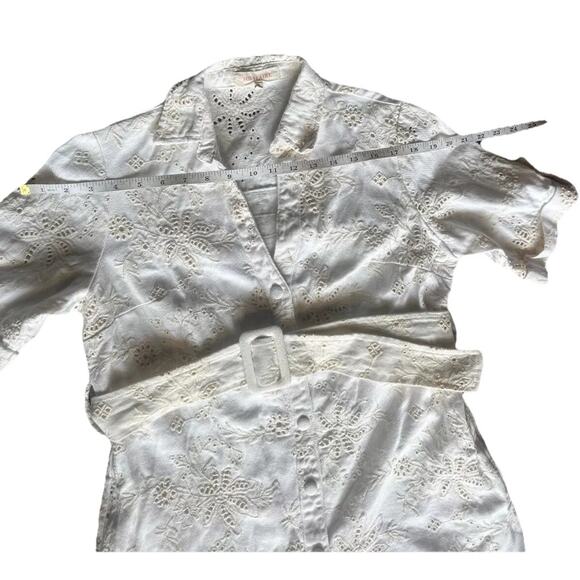 Solitaire Women Denim Dress S White Floral Belted Short Sleeve w/ Pockets - Picture 10 of 16